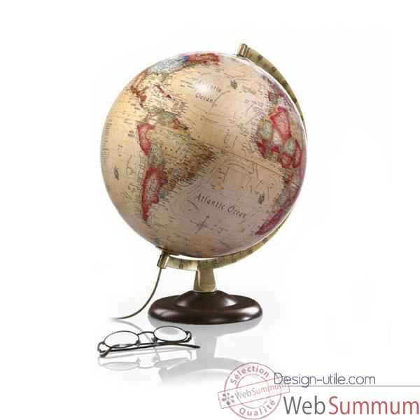 Globe Classic A4 - Globe lumineux - Cartographie de type antique - diam 30 cm - Pied noyer et mridien laiton
