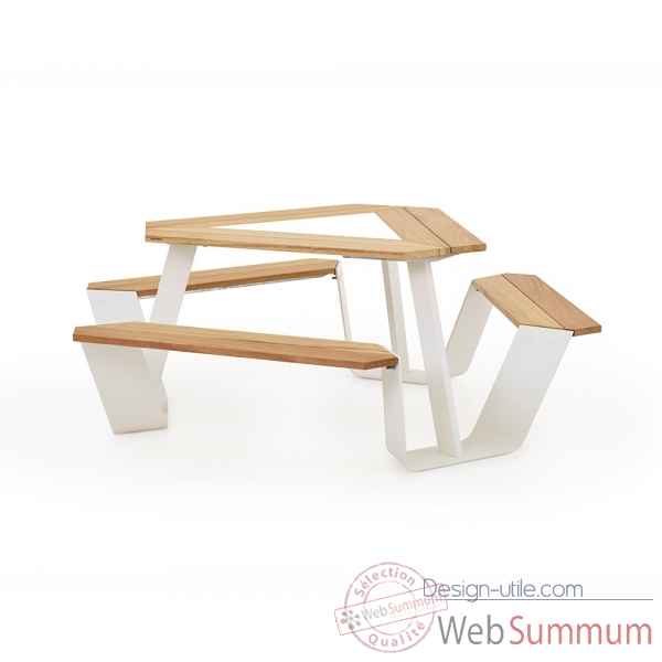 Table picnic anker cadre galvanise & pieds laques blanc, iroko Extremis -ANWI