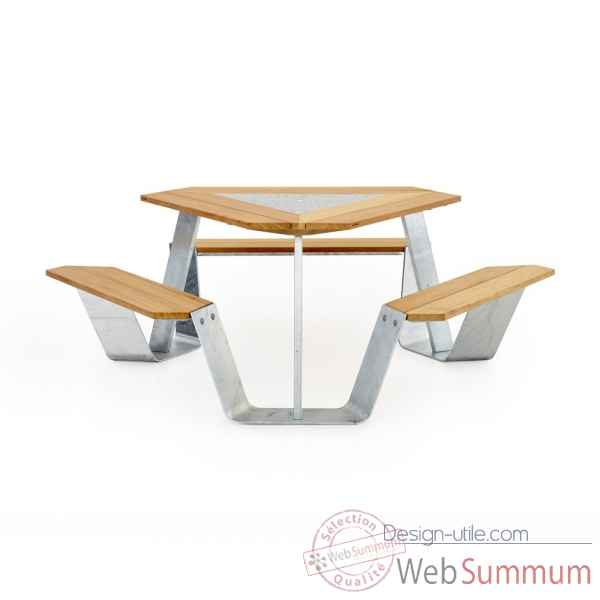 Table picnic anker cadre & pieds en acier galvanise, iroko + plaque centrale blanc Extremis -ANGI W