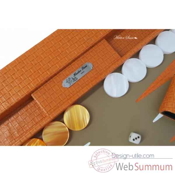 Plateau de backgammon cuir natte orange -B601003-o -3