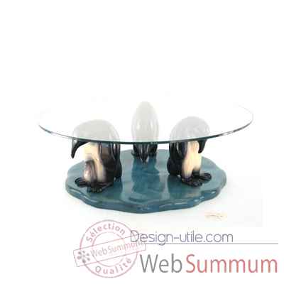 Table basse le trio de pingouins en resineux verre trempe, bord poli 100 cm Lasterne -MPI085-100